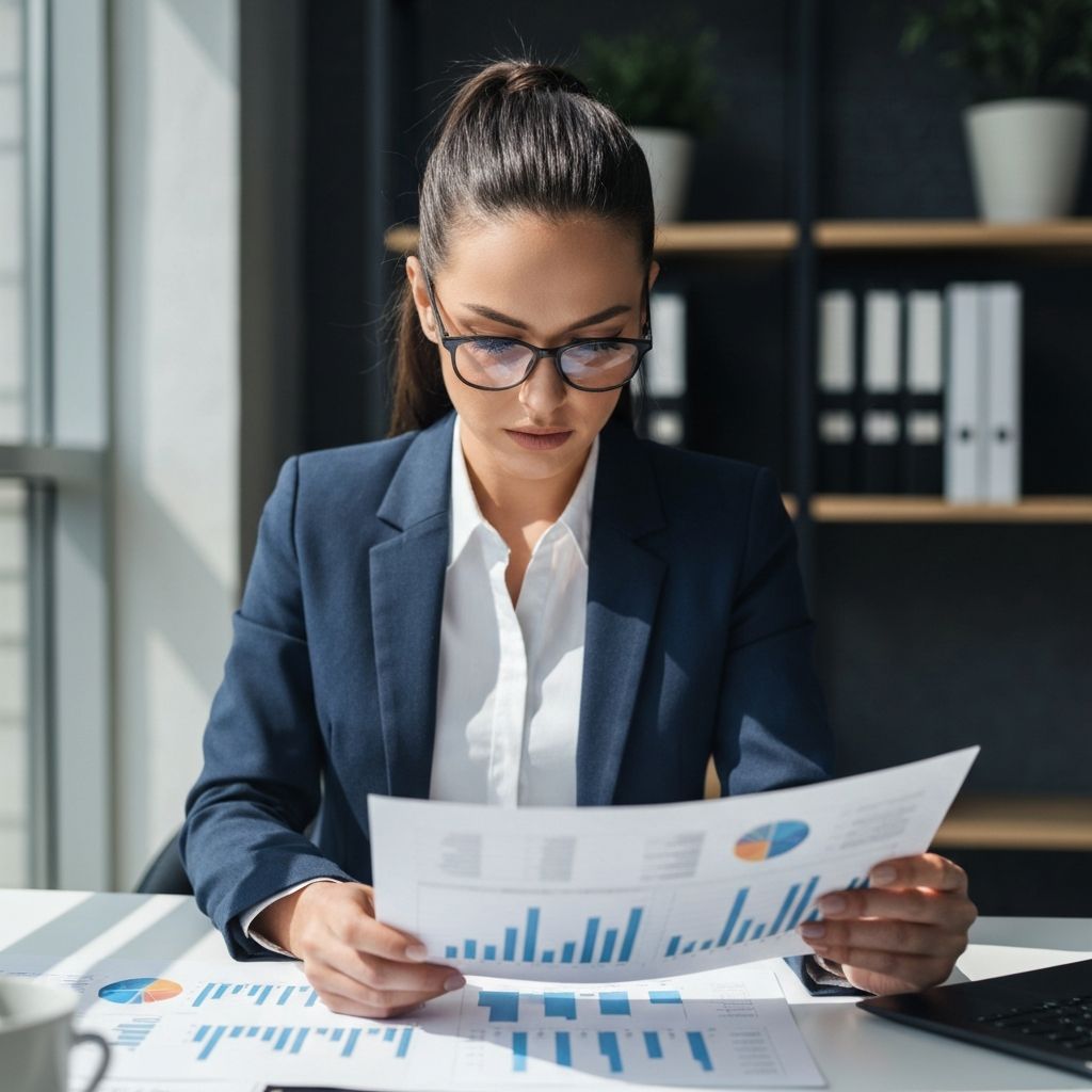 Analista financiera profesional revisando documentos